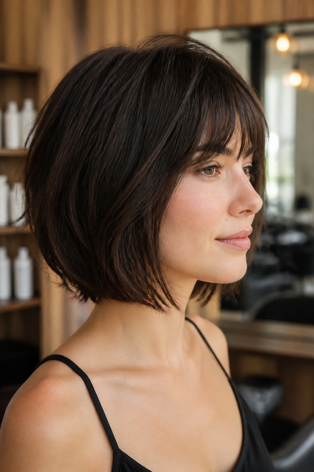 Close-up of a person with a thick-hair bob and internal layers with fringe.