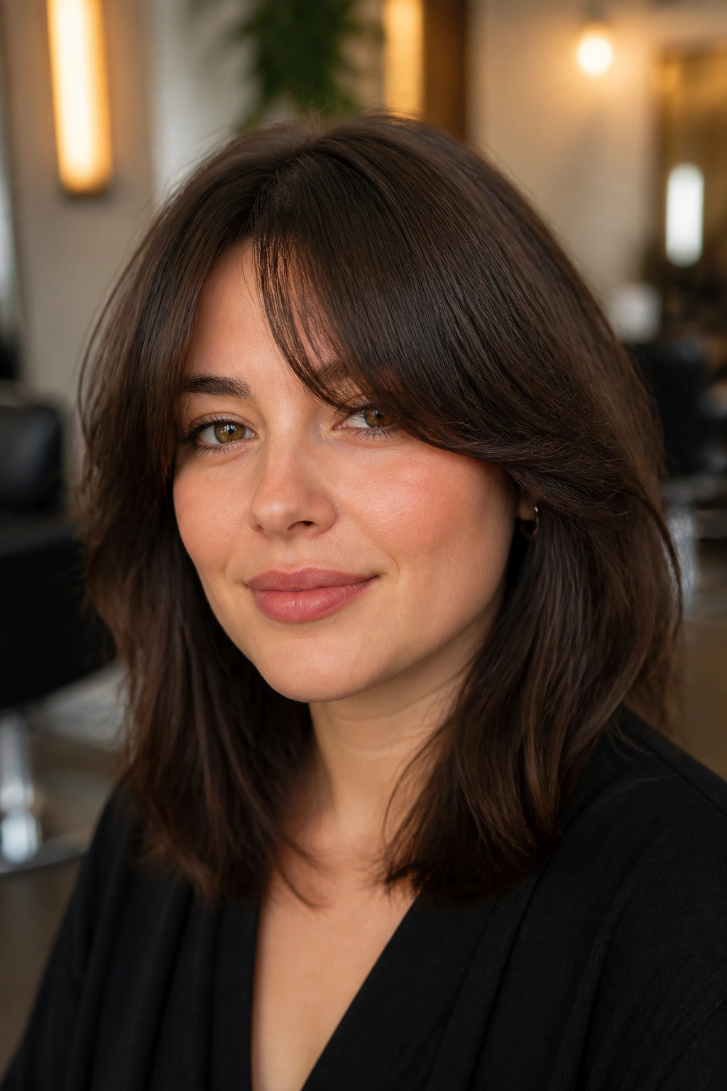 Close-up portrait of a real woman with thick hair and curtain bangs showing interior weight removal, fringe curving to skim cheekbones