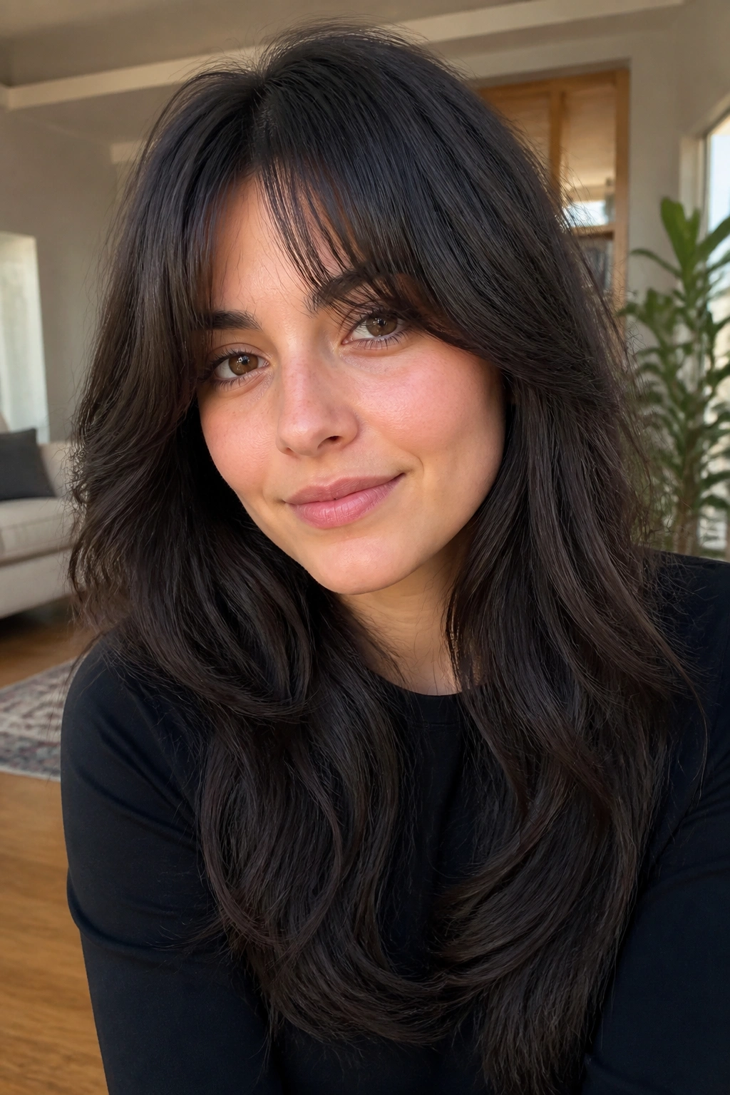 Close-up of a real person with thick hair wearing light curtain bangs in a sunlit room.