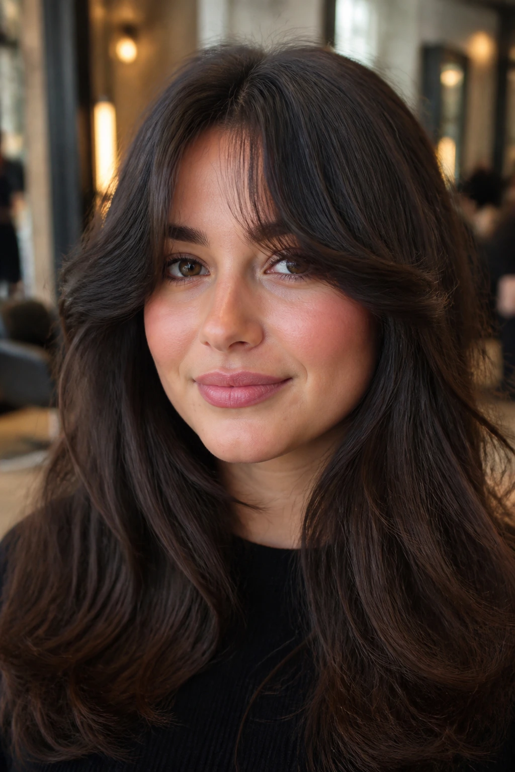 Close-up of thick-hair curtain bangs on a real person.
