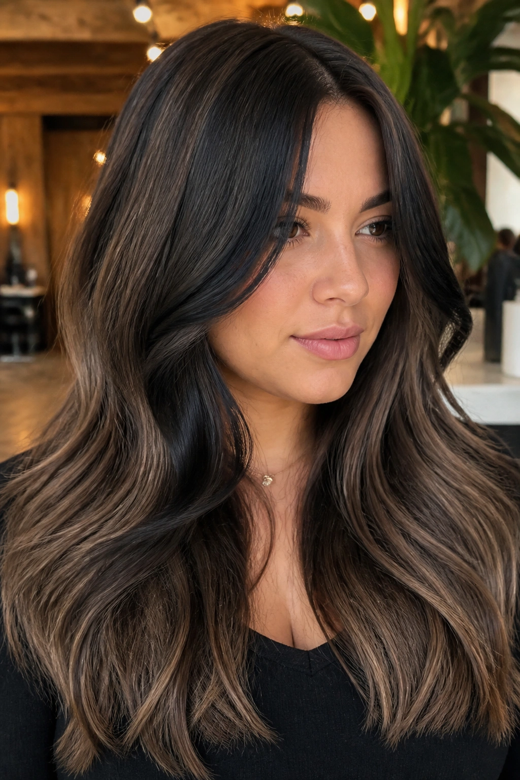 Real woman with thick hair and bold black face-framing highlights