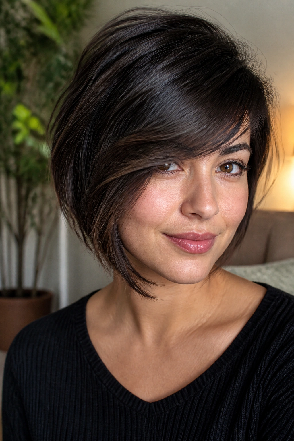 Close-up of a real person with thick hair and side fringe