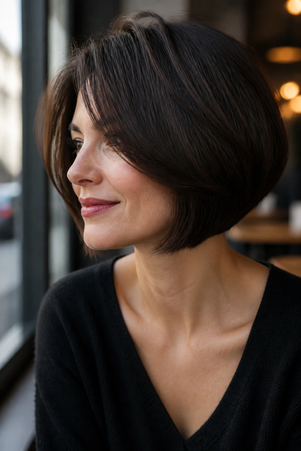 Close-up of a woman with thick hair bob showing hidden internal layers