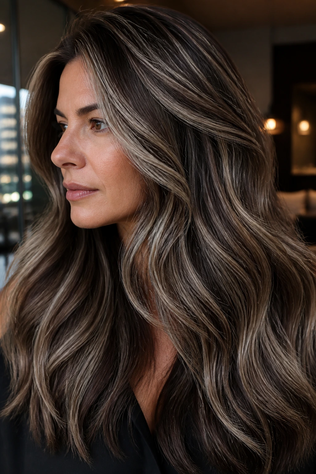 Thick hair with bold brush-stroke highlights creating high-contrast balayage.