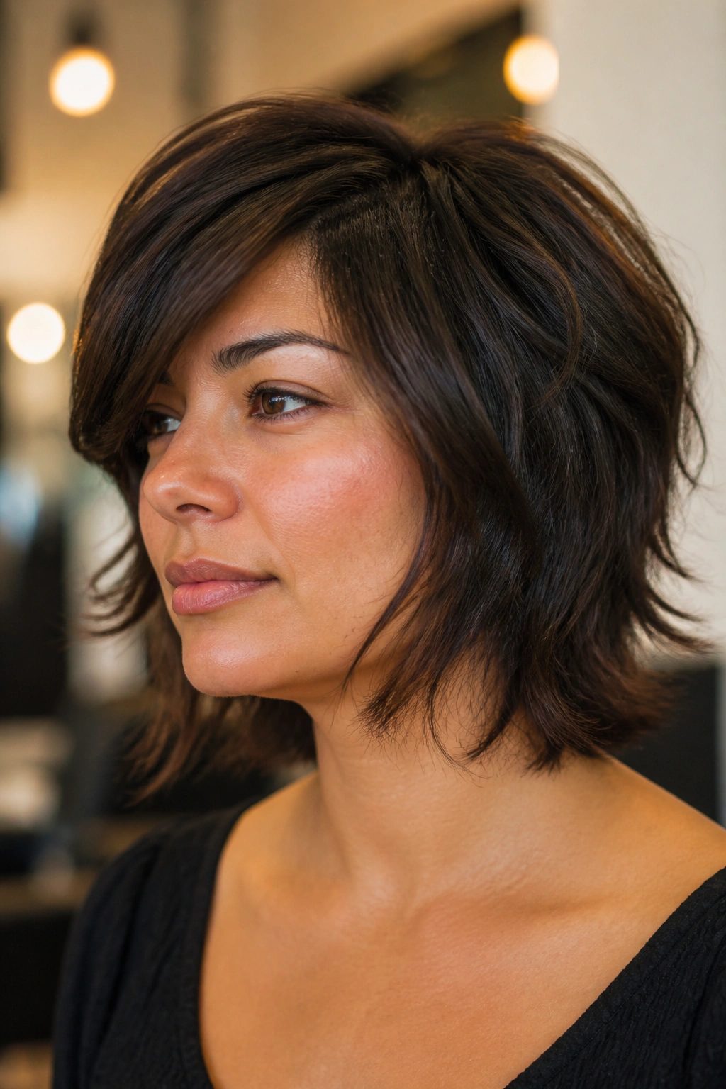 Portrait of a real woman with thick hair showing interior debulking in a side shag
