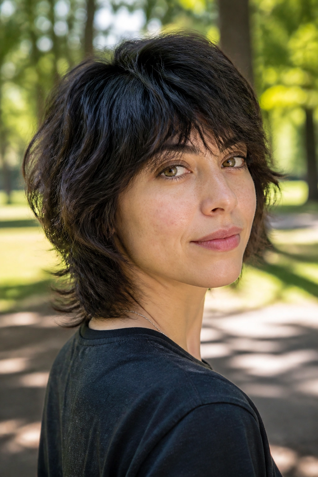 Close-up portrait of a real woman with thick-hair shag and internal layers.