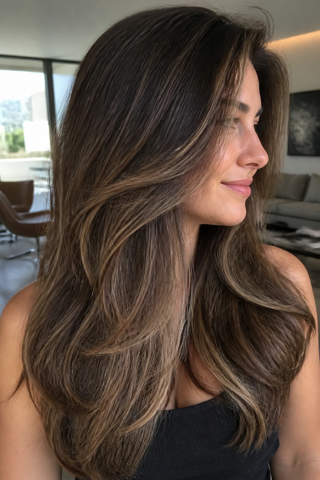 Close-up of real person with thick hair and internal layers showing ash balayage peeking through