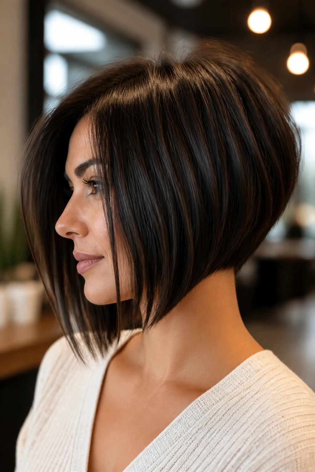 Close-up of a real woman with a thick inverted bob showing internal debulking and a shorter nape in a salon.