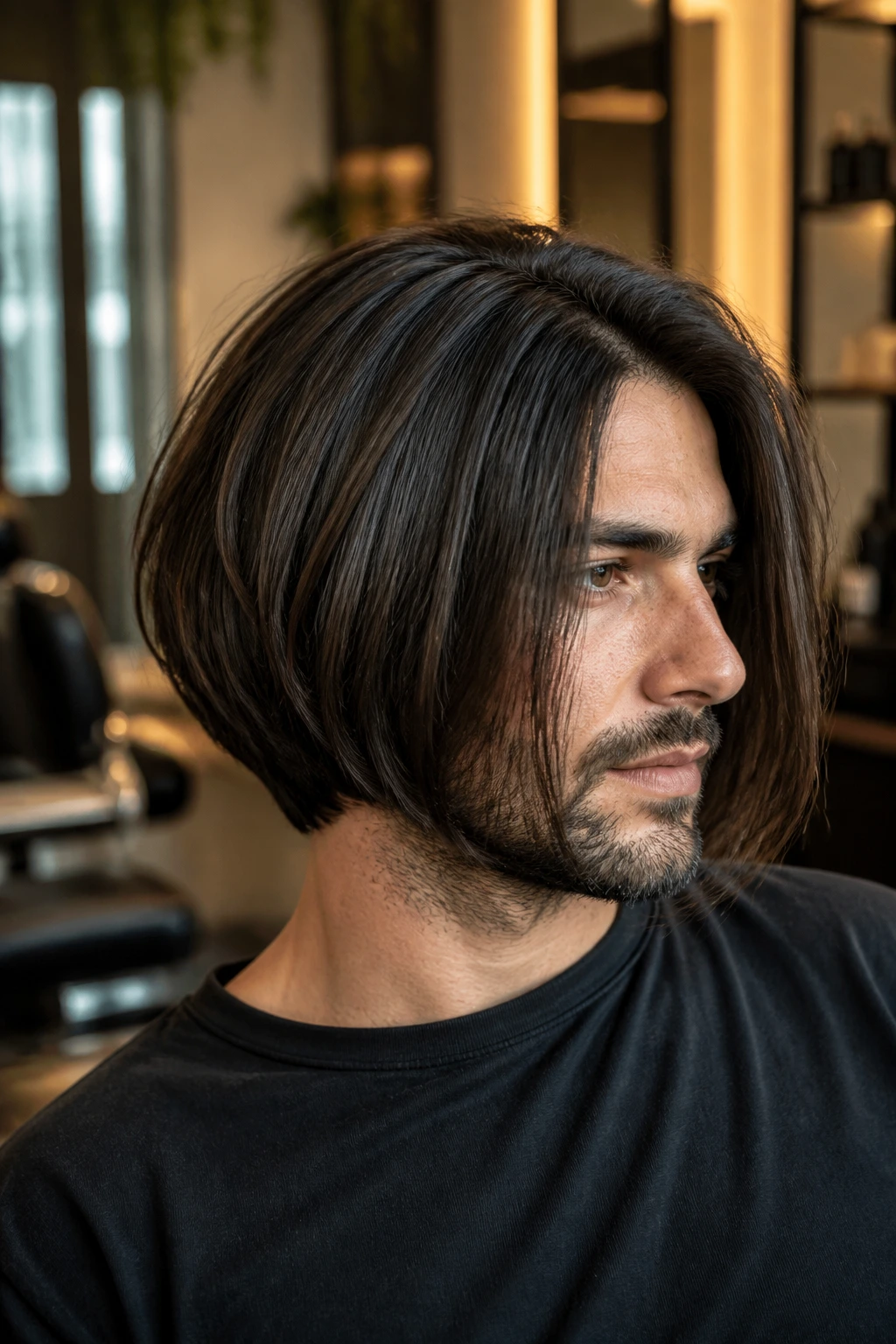 Close-up portrait of a man with Thick-Hair Inverted Bob featuring a short back and longer front.