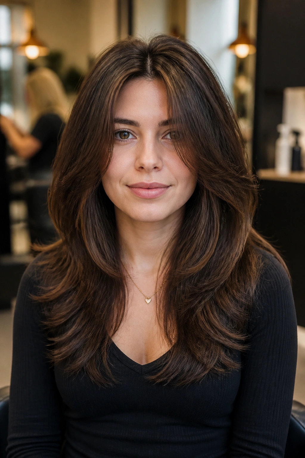 Real woman with thick-hair layered cut showing internal weight removal