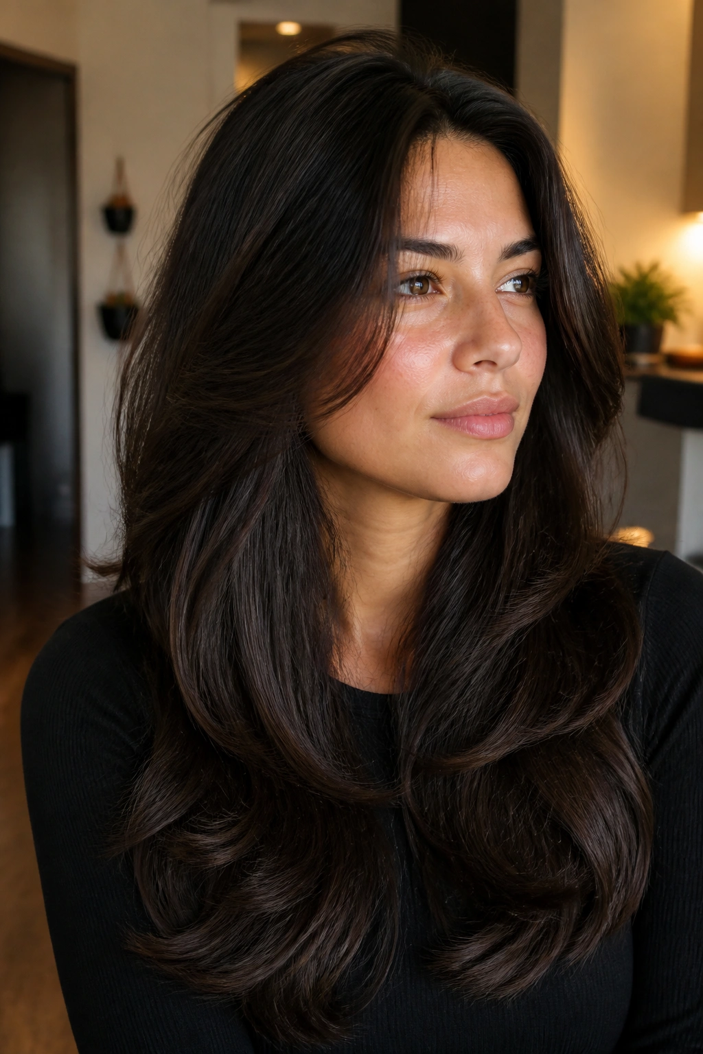 Close-up of a real woman with thick hair and internal layers removing bulk
