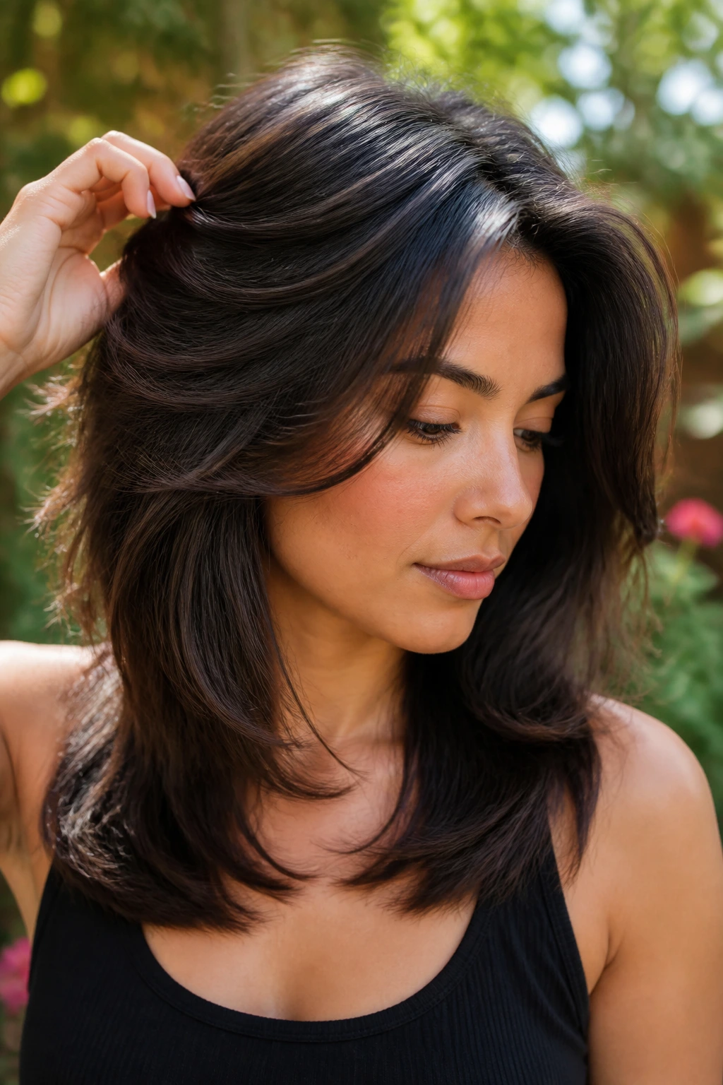 Close-up of a real person with thick-hair layers to remove bulk and create a long silhouette.