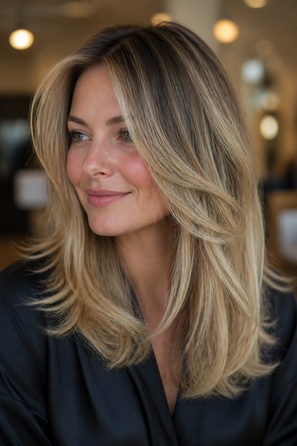 Close-up of a real woman with thick hair and layered mid-lengths in blonde tones.
