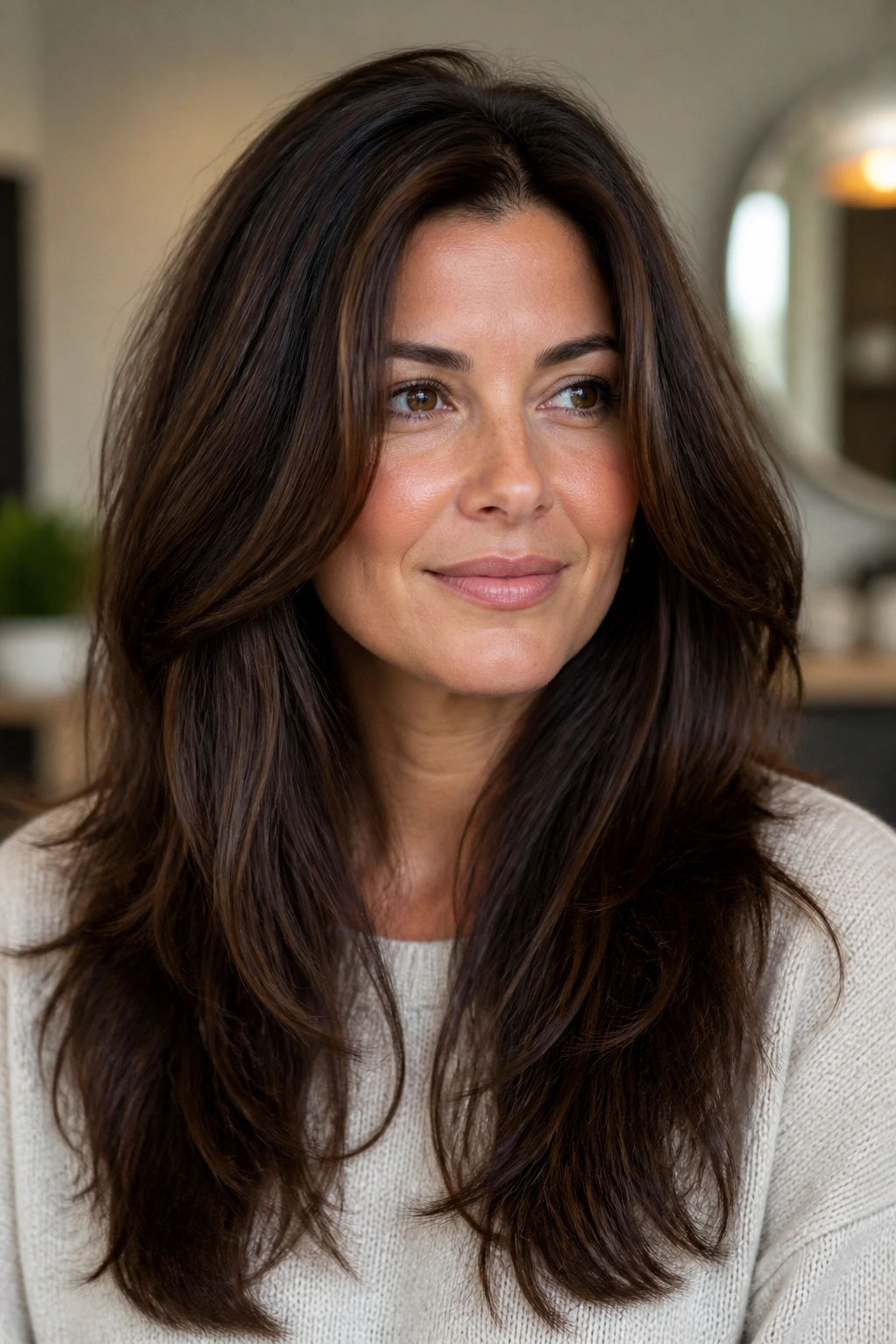 Close-up portrait of a real person with thick hair showing targeted layers to remove bulk