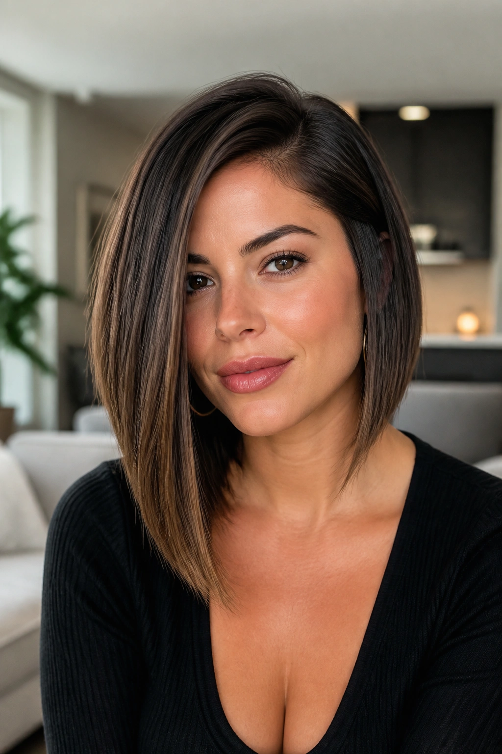 Real woman with thick lob and debulked ends in a modern living room with warm light