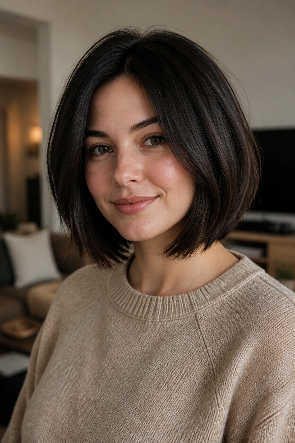 Real woman with thick-hair lob showing interior debulking in a cozy setting