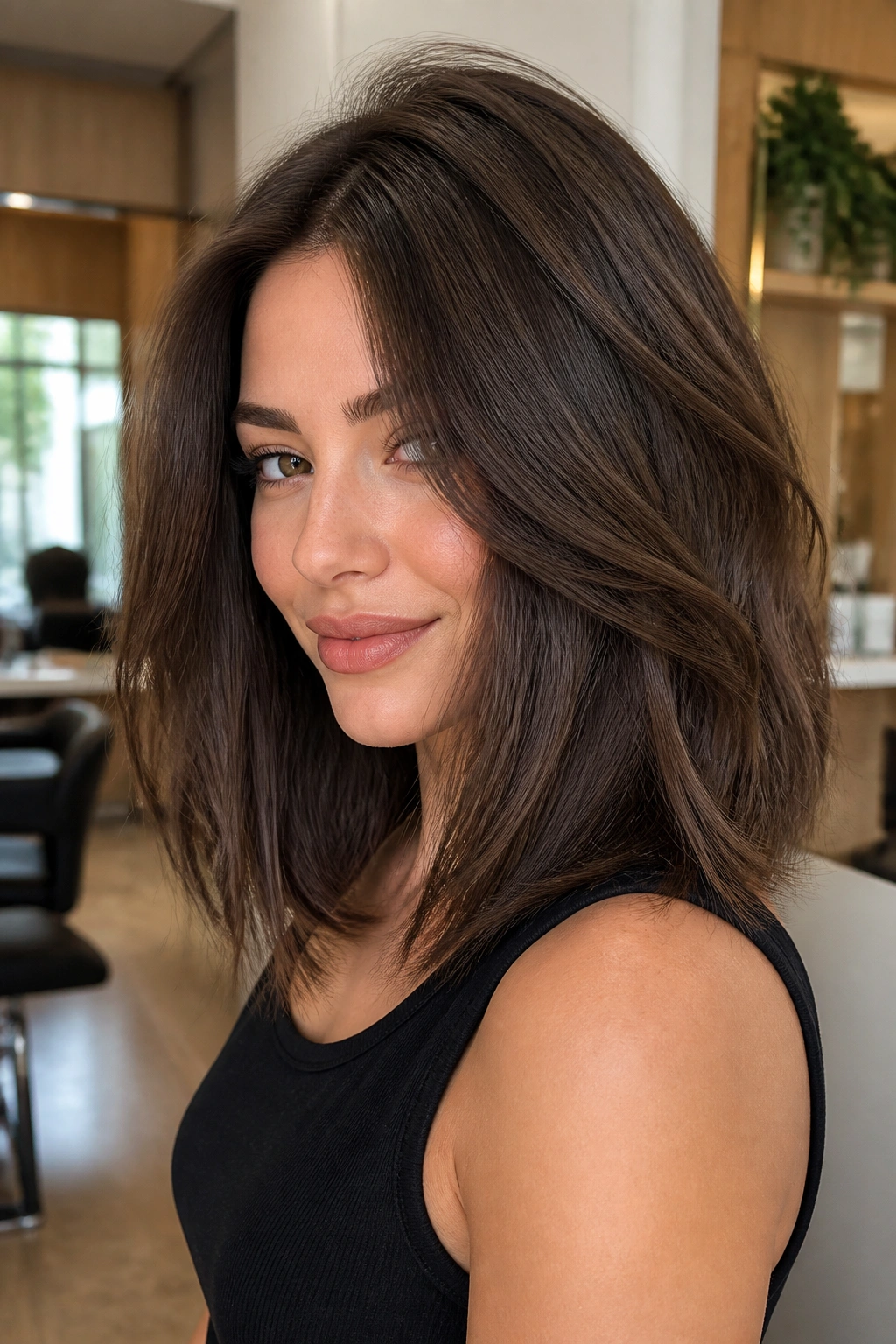 Real woman with thick-hair lob and interior weight removal, front slightly longer.