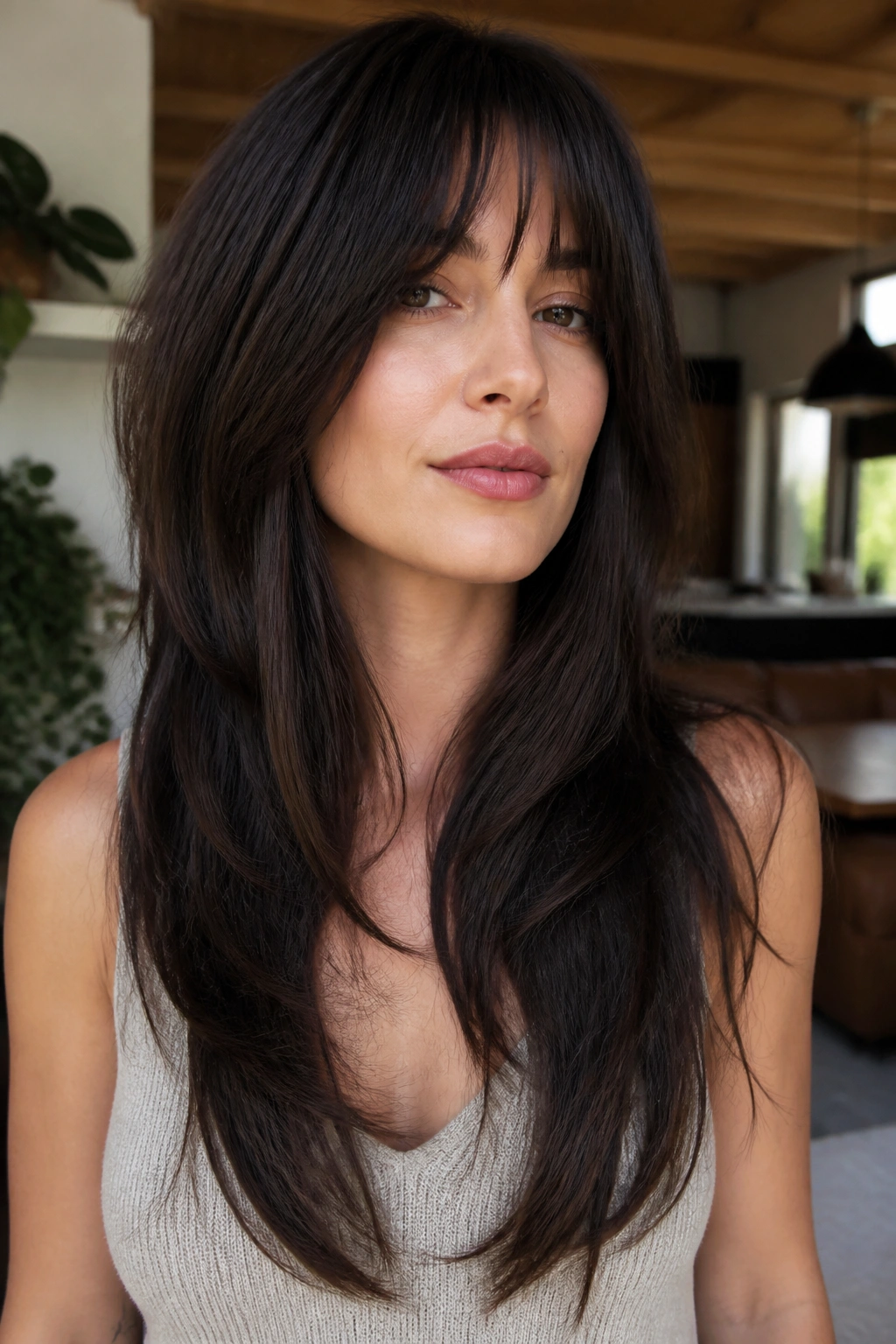Portrait of a real woman with thick straight hair styled in a long shag