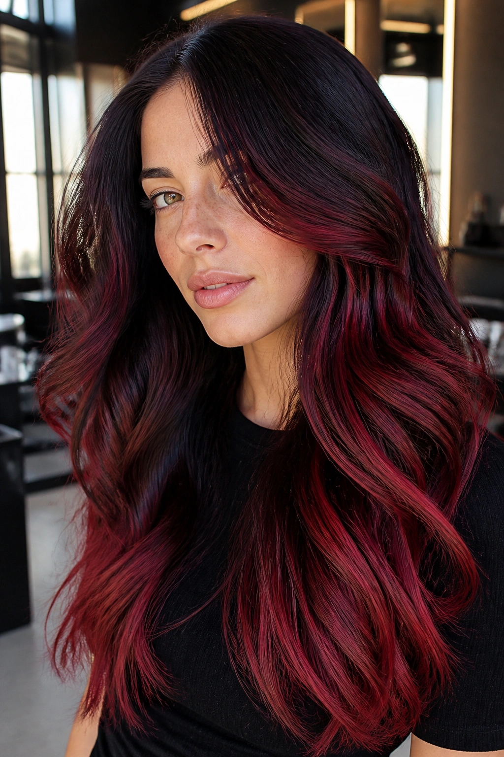 Close-up portrait of a real woman with thick hair and chunky cherry red ombre