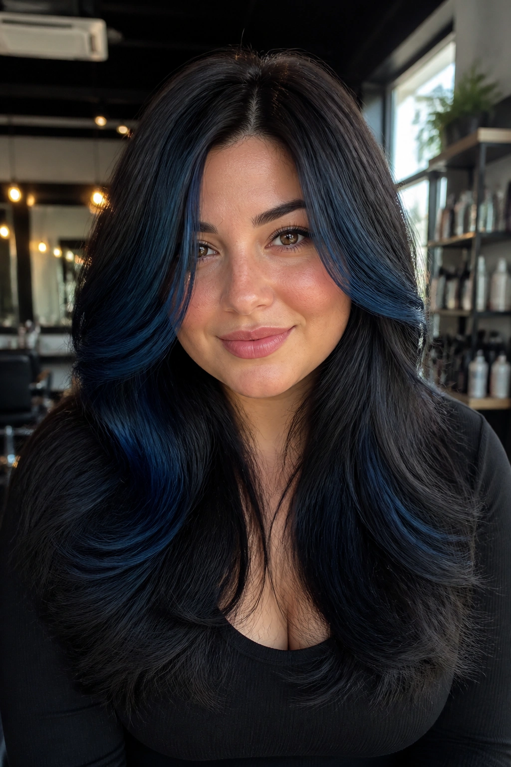 Portrait of a real person with thick hair featuring front blue-black panels and a darker crown.