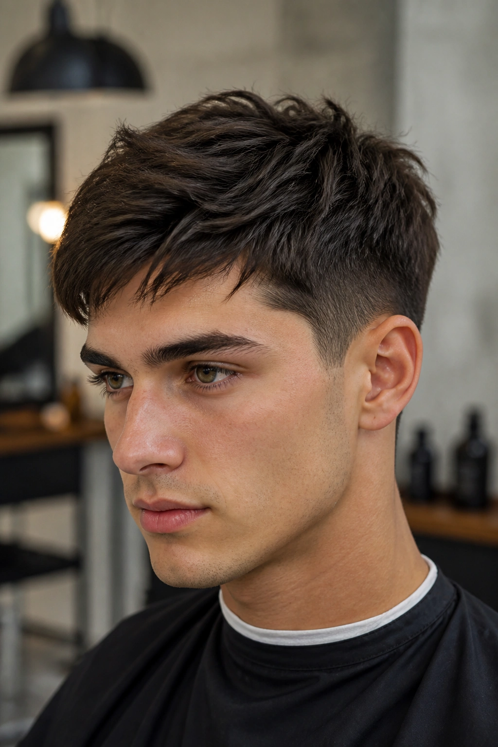 Close-up portrait of a real person with a thick hair pixie showing weight removal and textured top