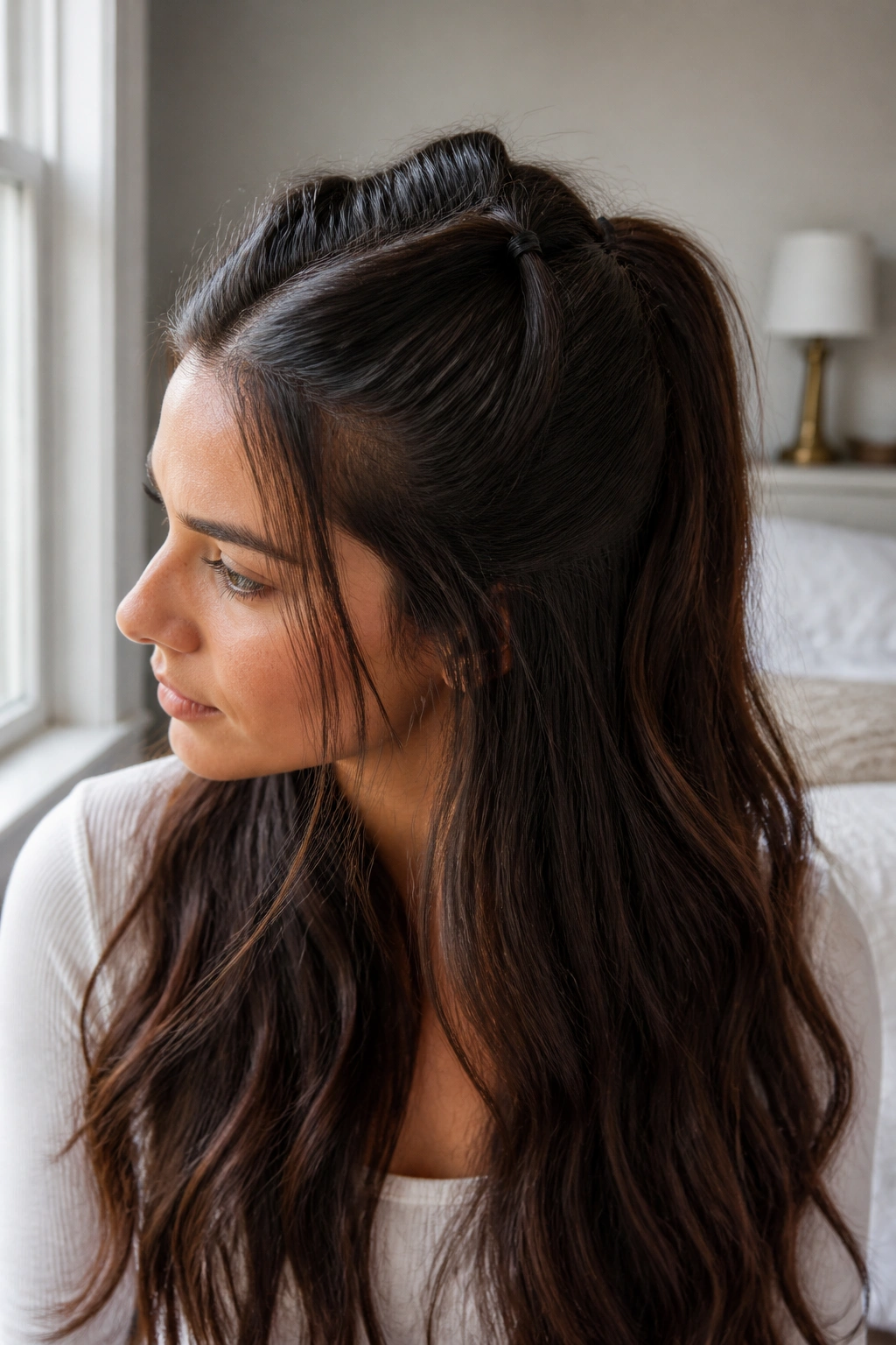 Close-up portrait of a real woman with thick hair in a half-up ponytail with sectioned anchors.