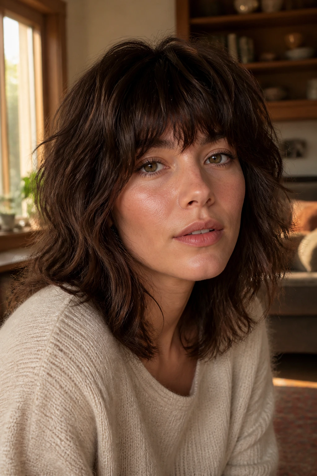 Close-up portrait of a real woman with a thick brown shag and choppy fringe