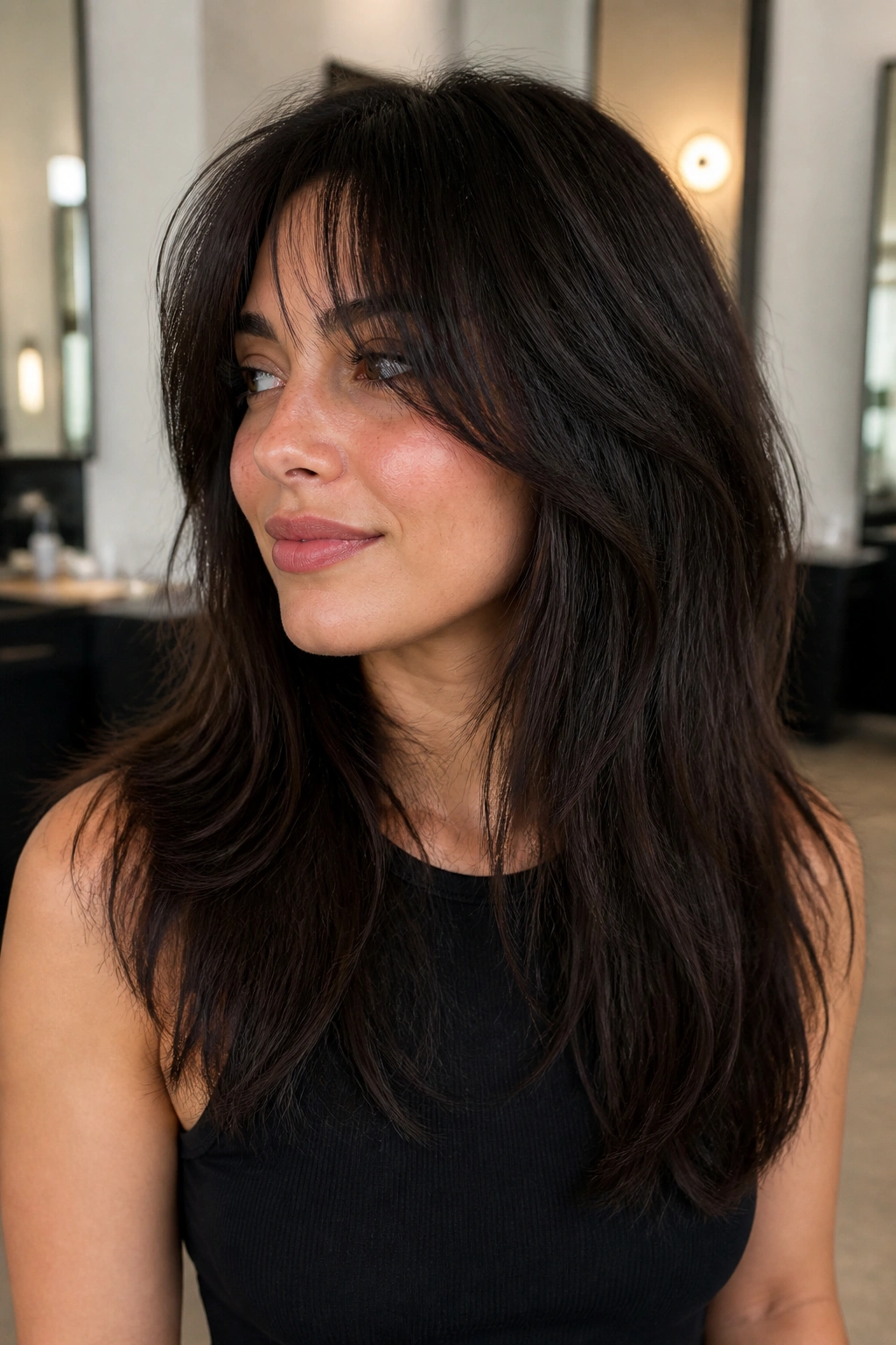 Real woman with thick-hair shag showing internal debulking to remove bulk near cheeks.