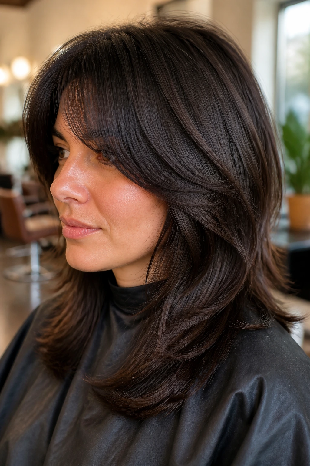 Close-up portrait of a real woman with thick shag hair showing internal layers at crown