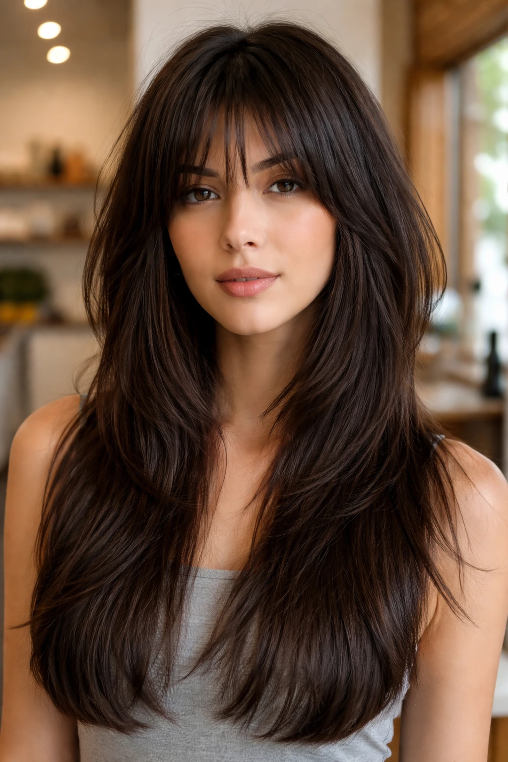 Close-up portrait of a real person with thick straight hair showing long internal layers in a warm salon.