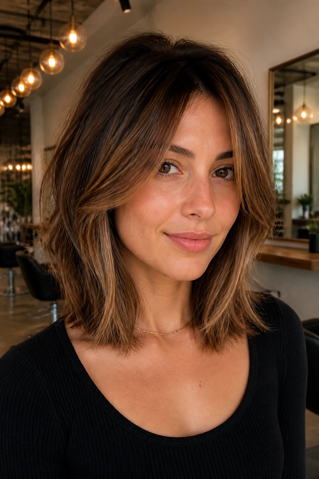 Portrait of a real woman with thick shag lob showing mid-length layers to remove bulk in warm salon light.