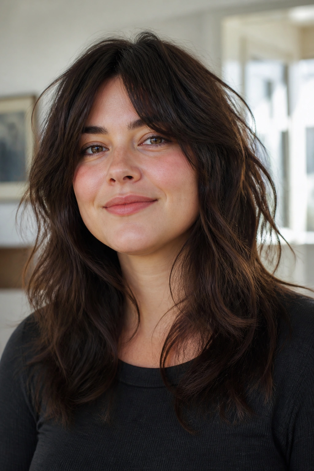 Close-up portrait of a real person with thick long shag for a round face.