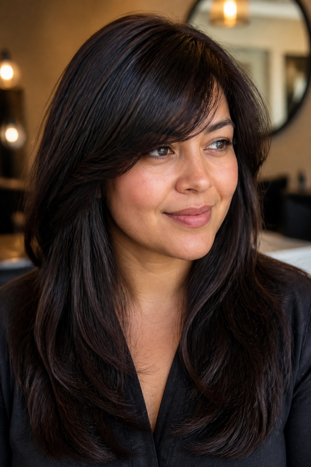 Real-woman portrait showing thick hair styled into a soft side fringe