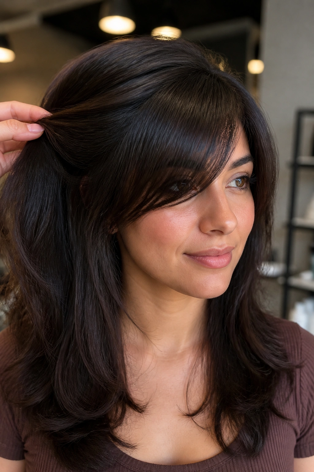 Real woman with thick hair and internal thinning in bangs for controlled volume