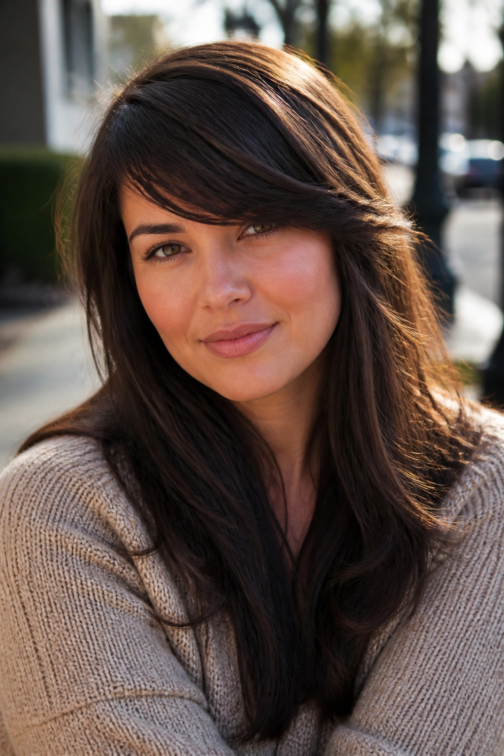 Close-up portrait of a real person with thick hair styled into a diagonal side sweep