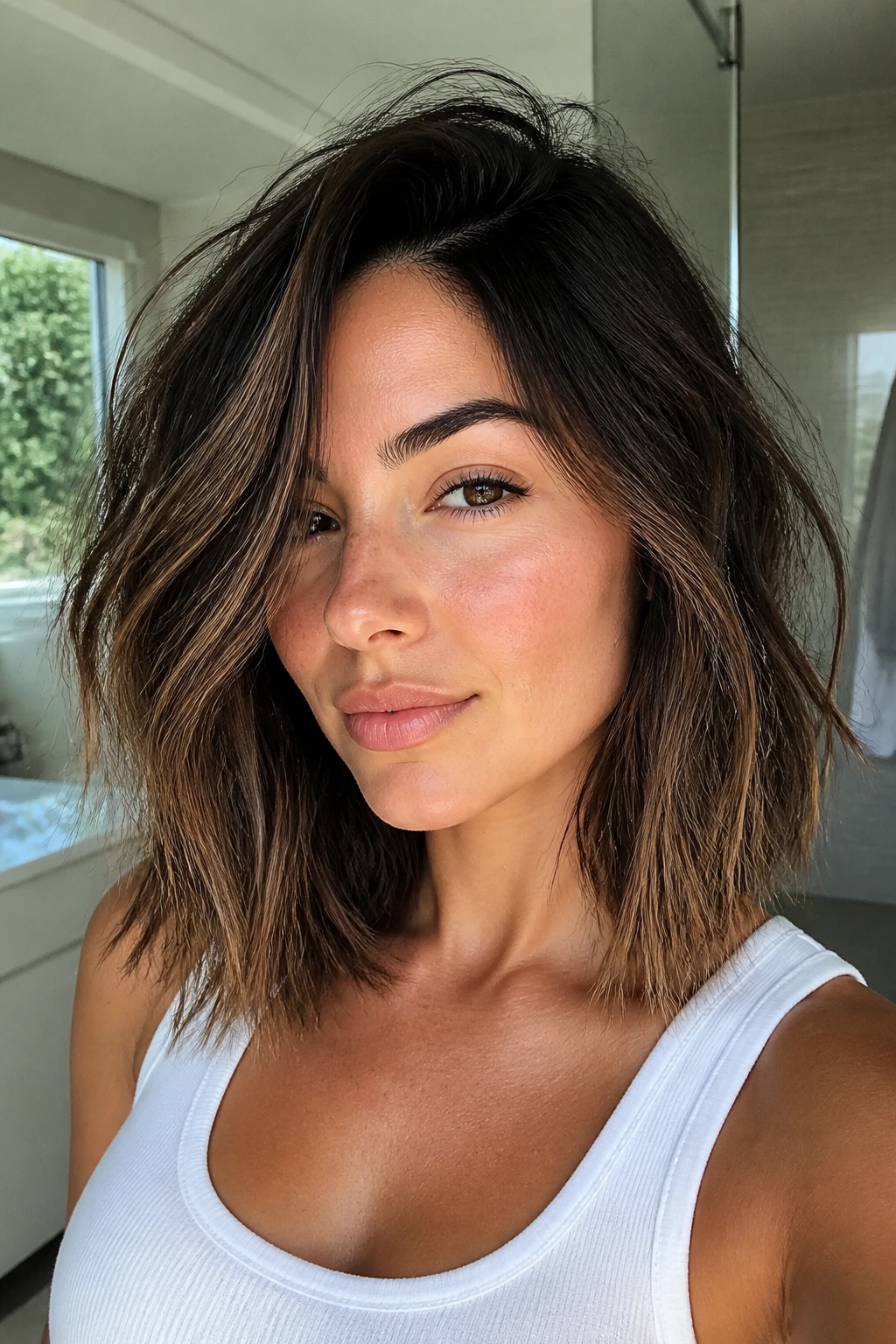 Close-up of a real woman with thick textured lob showing internal debulking and clean perimeter