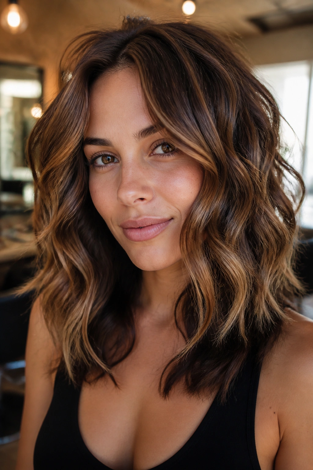 Close-up portrait of a real woman with thick hair styled in controlled tousled waves
