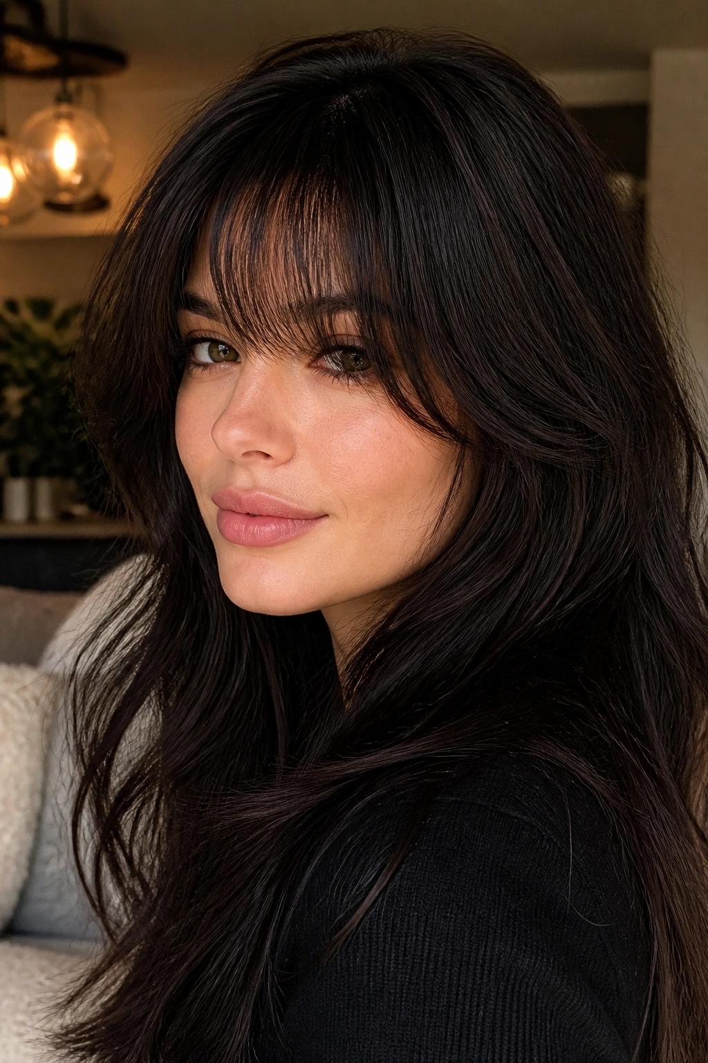 Close-up portrait of a real woman with thick hair and wispy bangs in a warm living room.