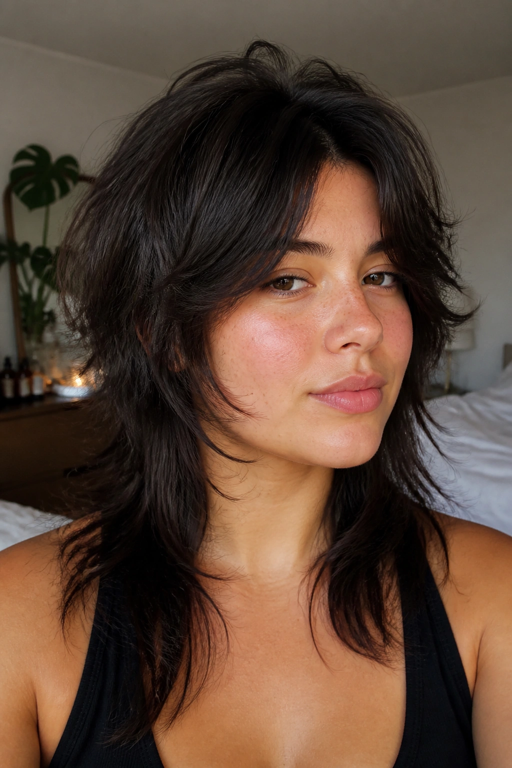 Close-up of a real woman with a thick wolf cut and debulked crown in warm window light