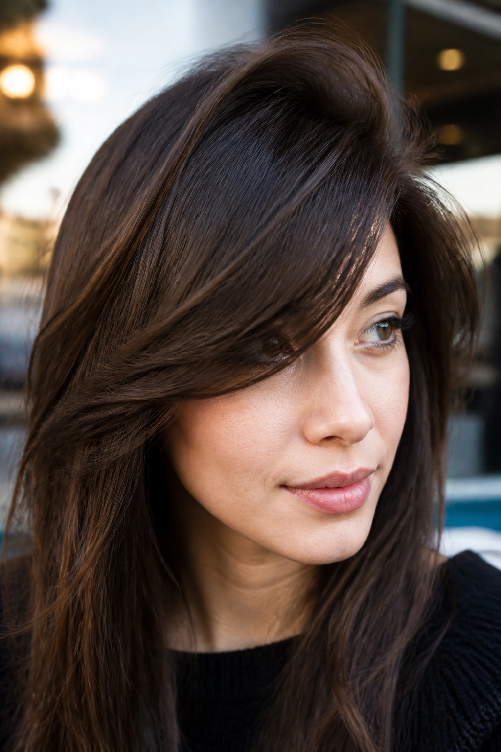 Close-up of a real woman with thick side-swept bangs starting higher on the head in natural outdoor light