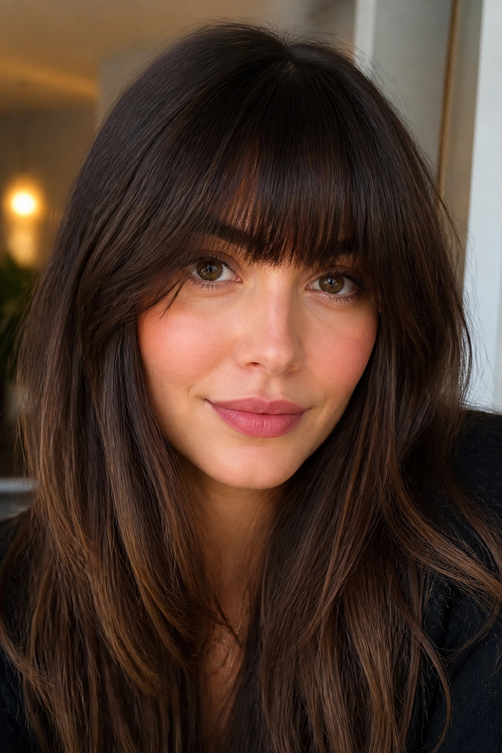 Woman with thick softened full fringe close-up