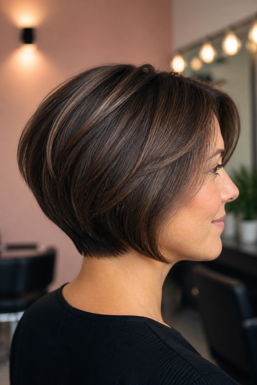 Close-up portrait of a real woman with thick stacked bob showing internal weight removal