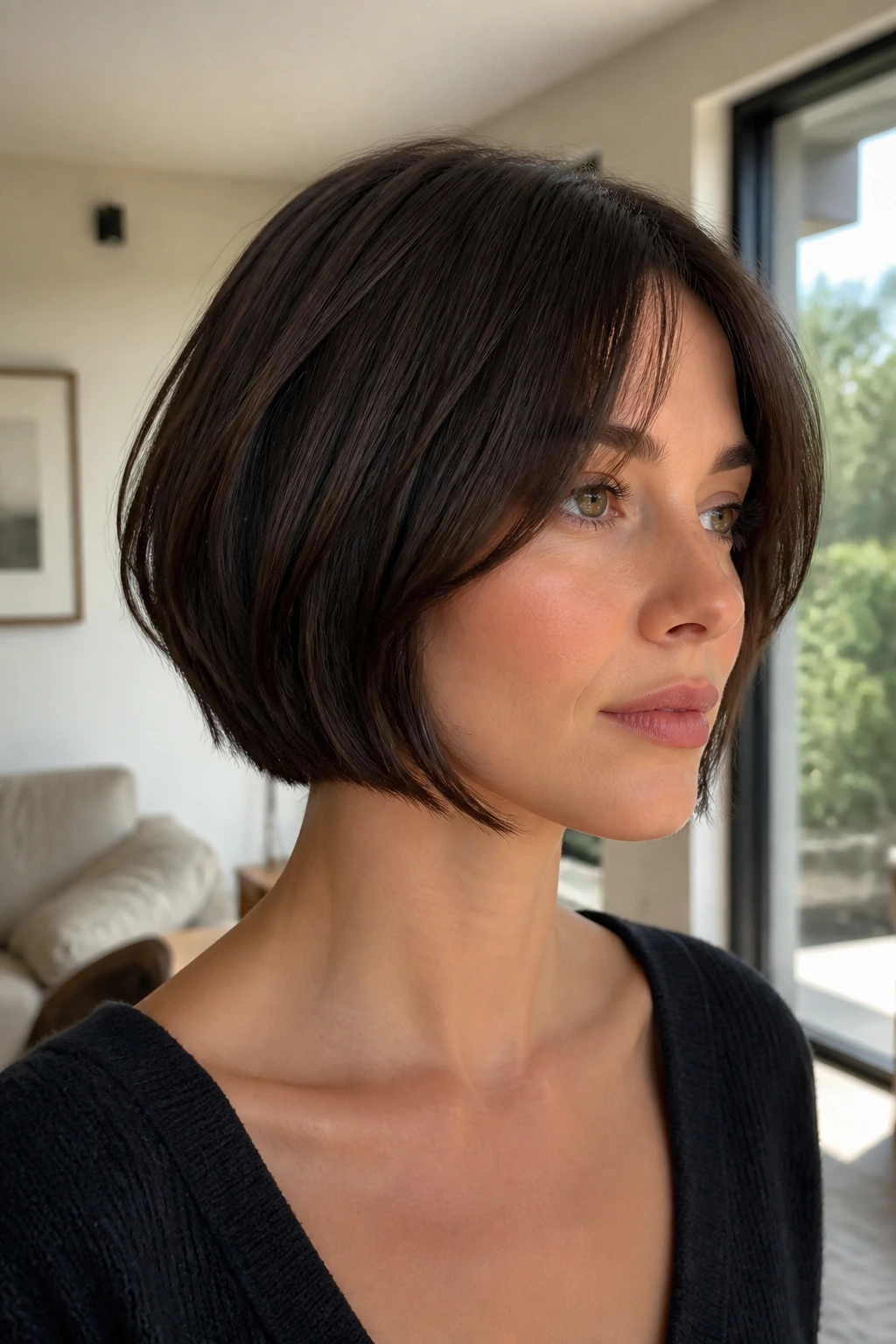 Close-up of a real woman with thick straight hair in a compact French bob