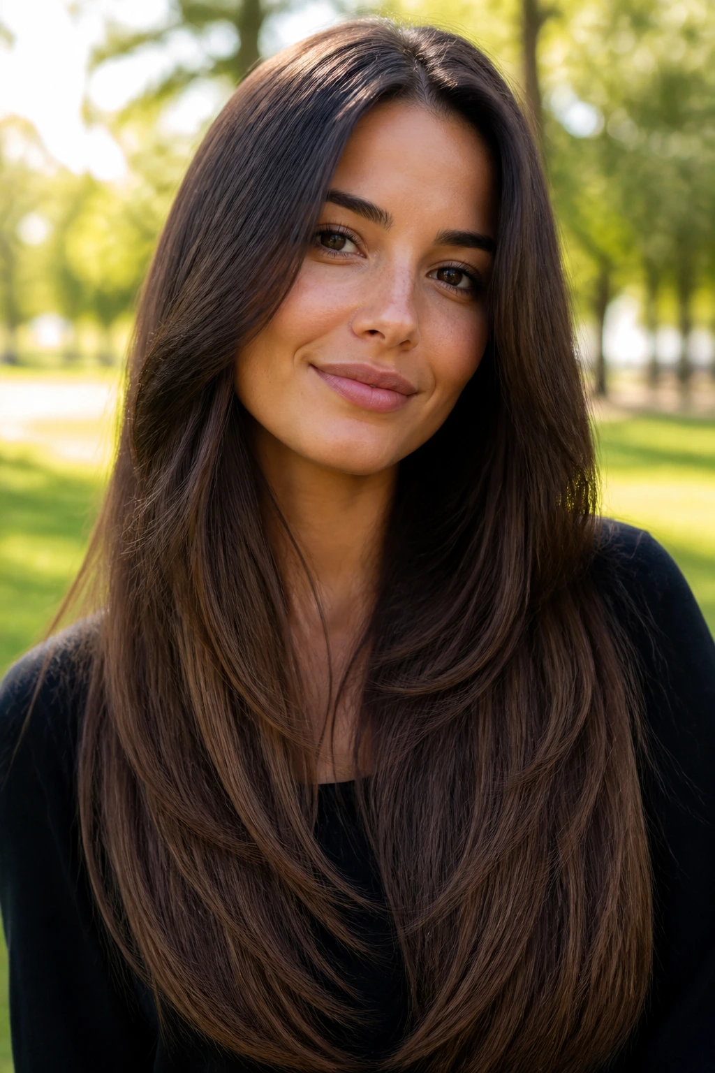 Close-up portrait of thick straight hair with long layers outdoors