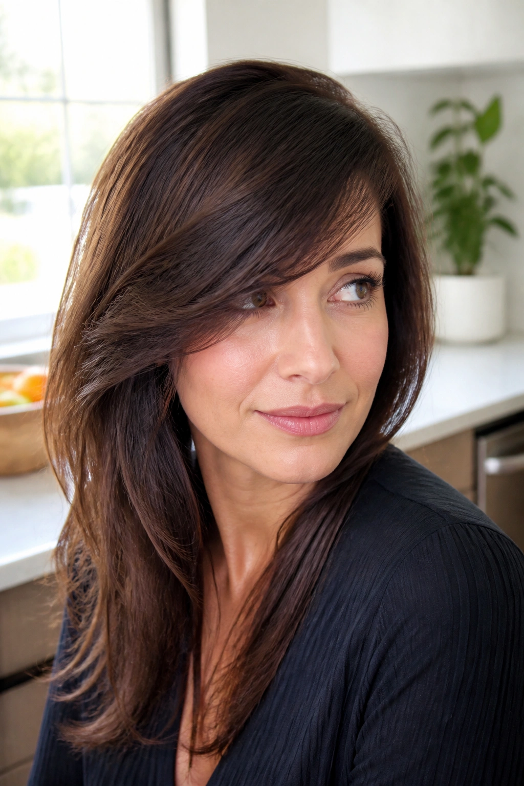Close-up portrait of a real woman with thick swoopy side bangs