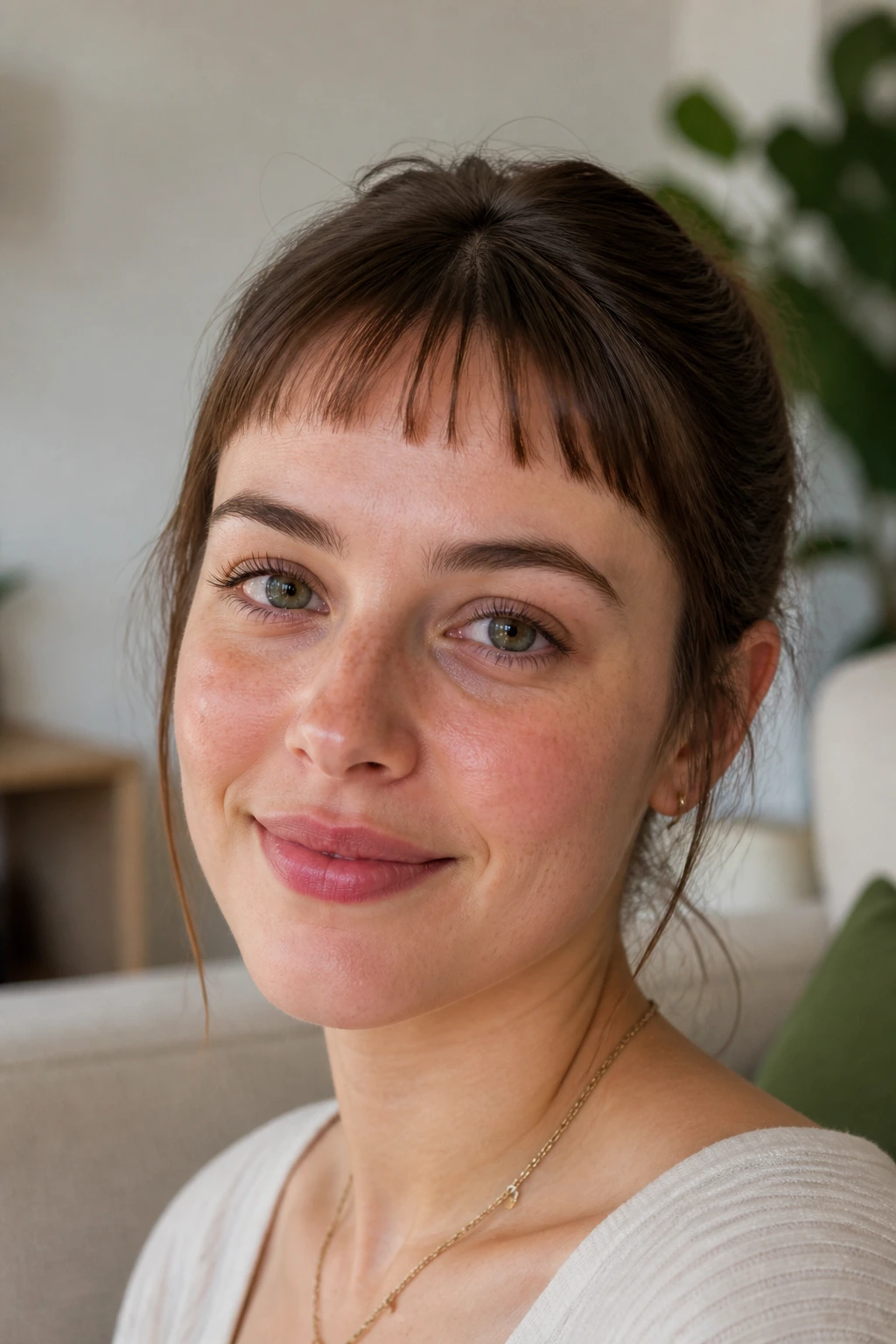 Close-up portrait of a real person with ultra-thin baby bangs in a cozy room