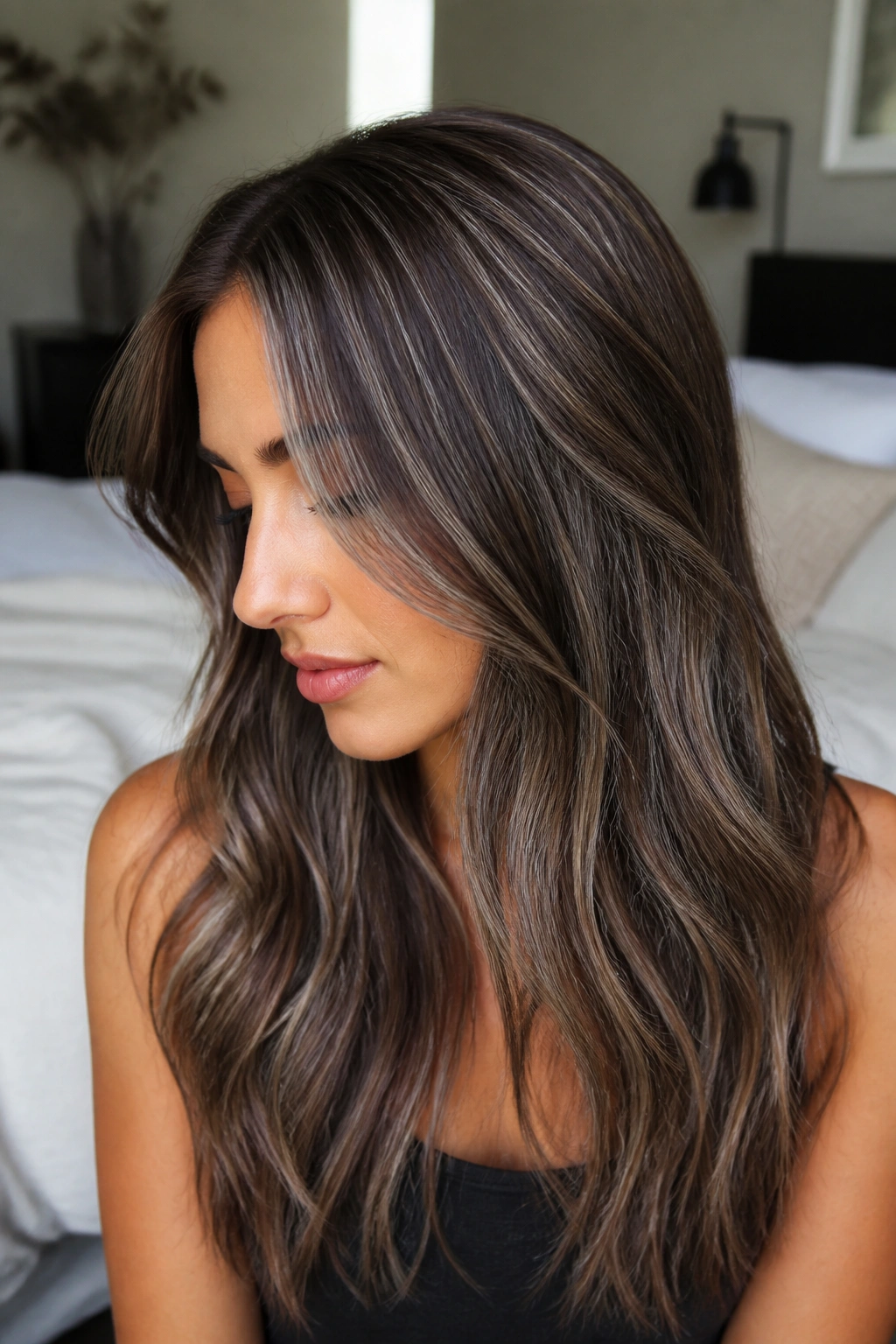 Close-up of brunette with ultra-fine silver babylights catching soft window light.