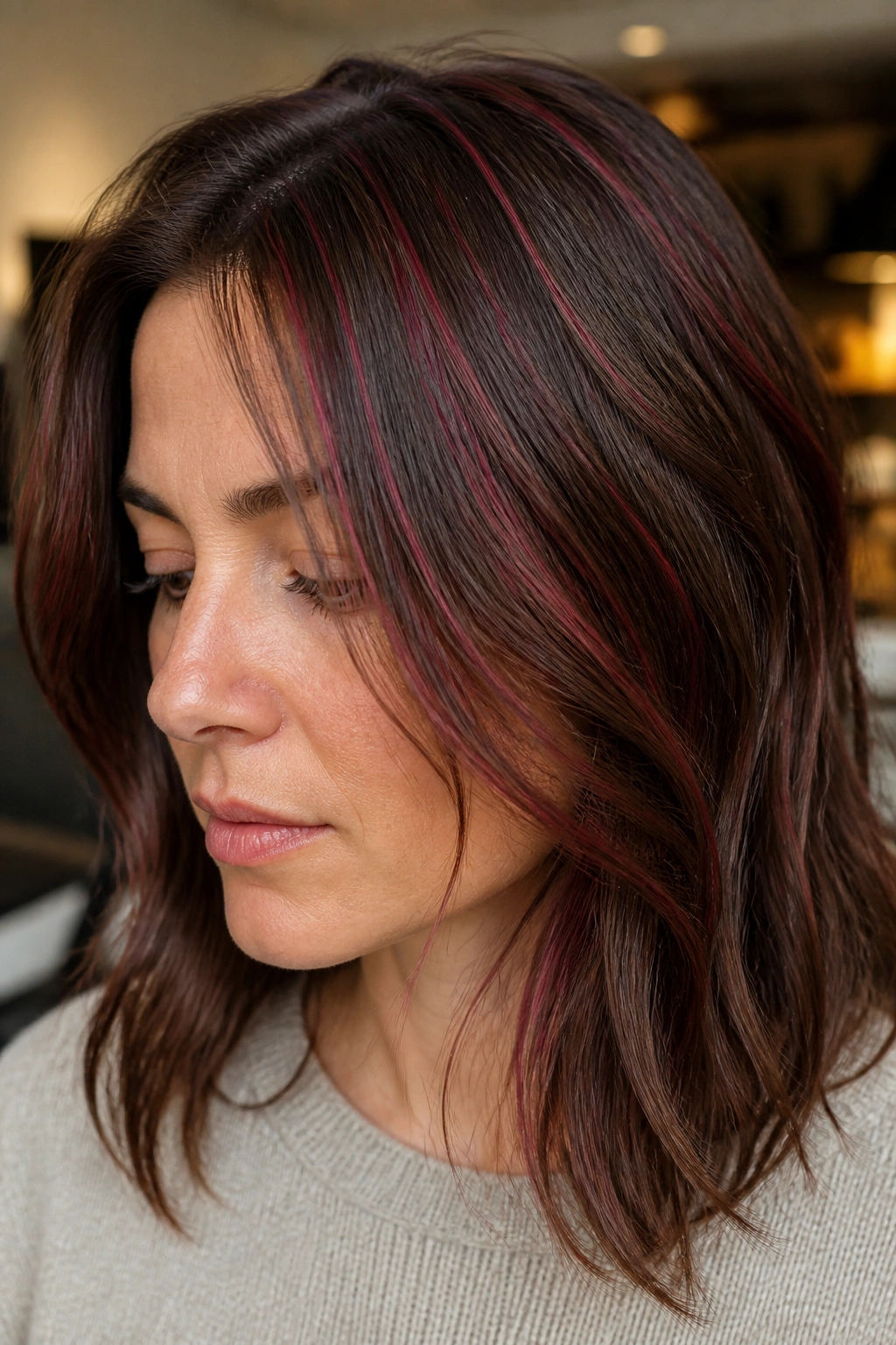 Close-up of a real woman with thin cherry ribbon highlights on medium brown hair in a warm salon setting