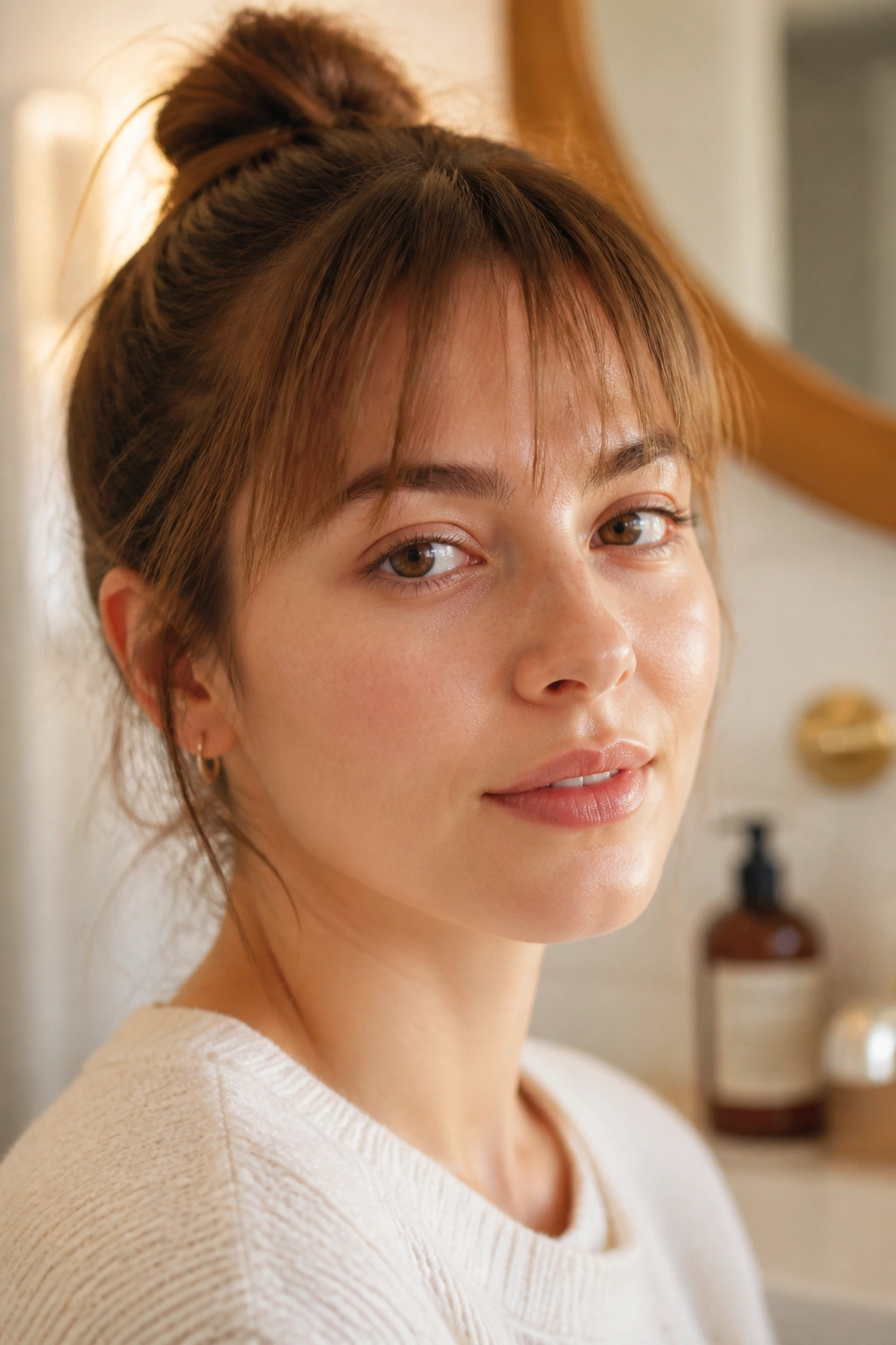 Close-up of a real person with a thin, wispy fringe on fine hair.