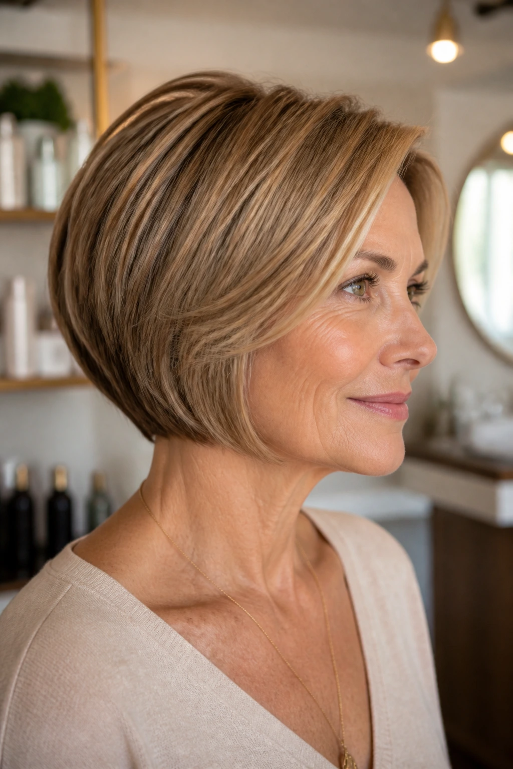 Close-up of a real woman with compact stacked bob lifting at the nape in a salon setting.